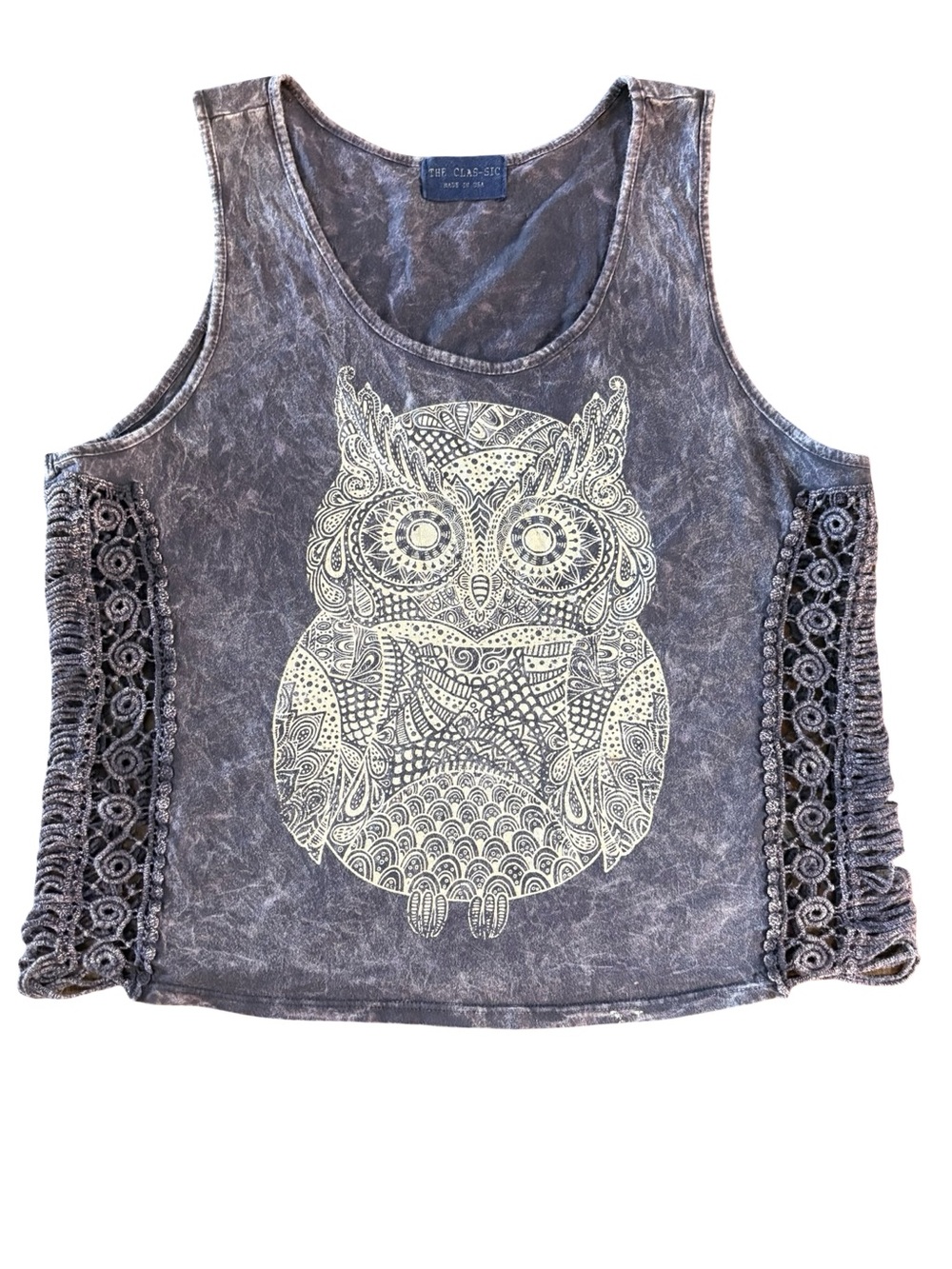 The Acid Wash Purple Gray Tank with Cream Owl Graphic and Crochet Sides Size M